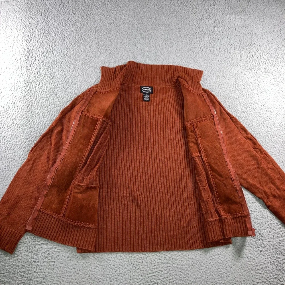 Vtg Leather Patchwork Sweater Mens L Rust Orange Knit‎ Two Way Zip Mock Neck y2k